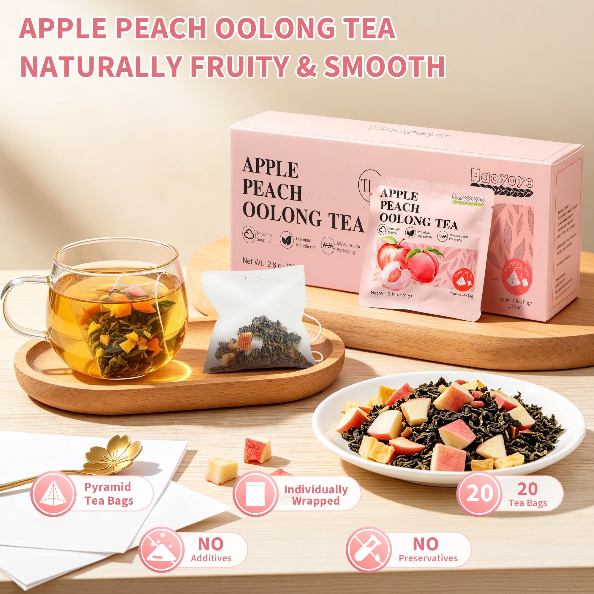 HAOYOYO Apple Peach Oolong Tea Bags – Fruity Oolong Tea, 20 Count