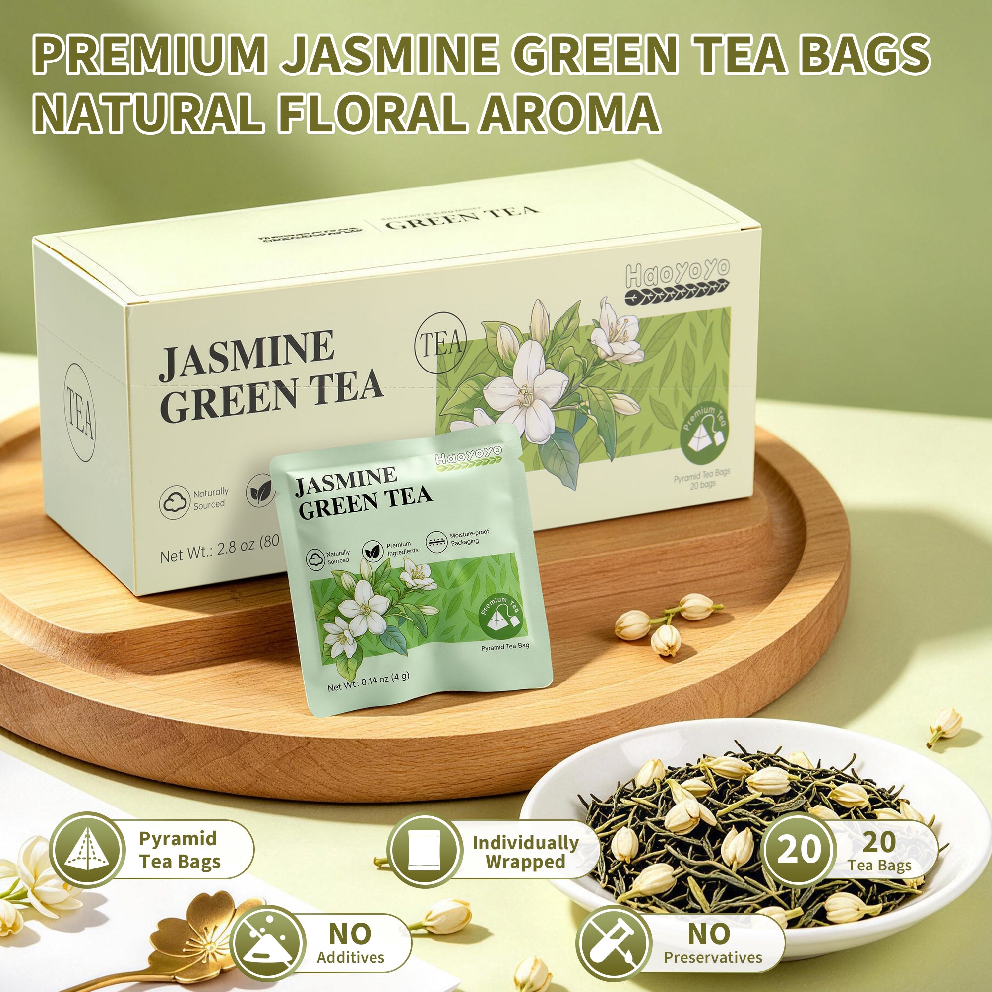 HAOYOYO Jasmine Green Tea Bags – Floral Scented Green Tea, 20 Count