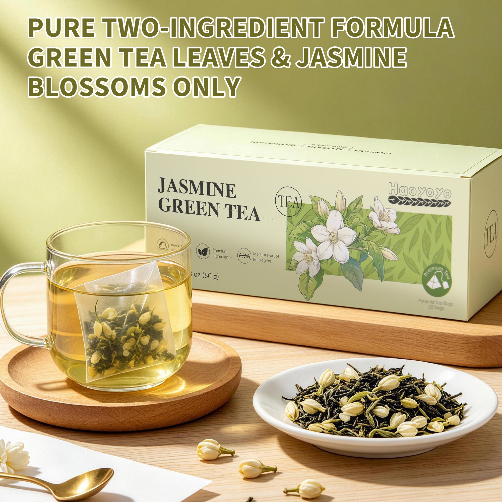 HAOYOYO Jasmine Green Tea Bags – Floral Scented Green Tea, 20 Count