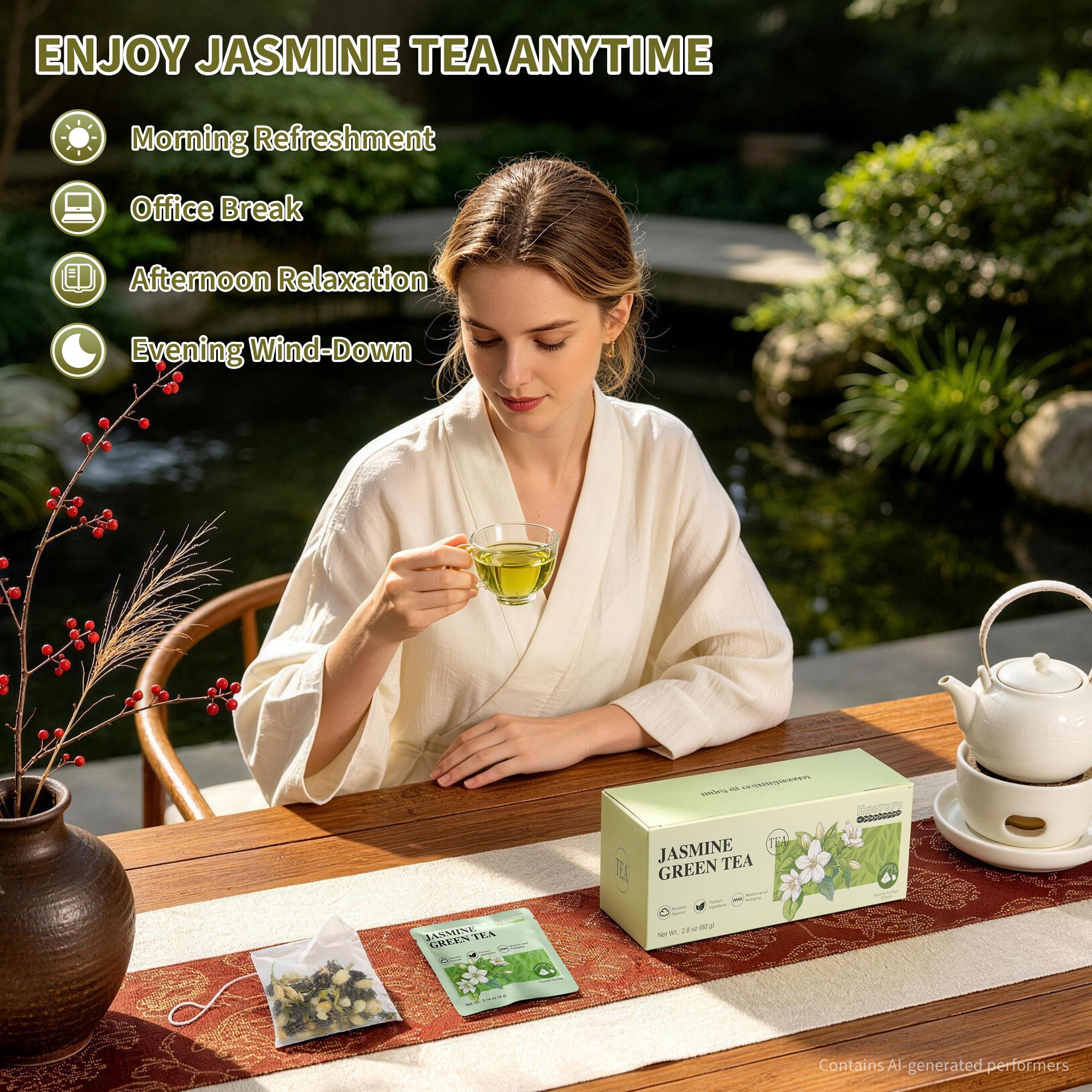 HAOYOYO Jasmine Green Tea Bags – Floral Scented Green Tea, 20 Count